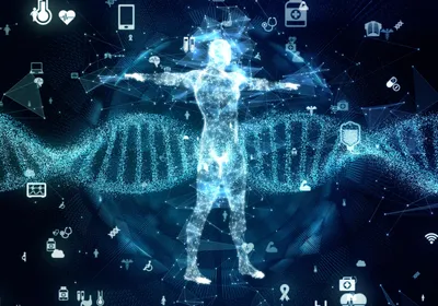 Graphic of a human figure standing in the midst of a long DNA strand surrounded by icons associated with medicine and clinical practice.